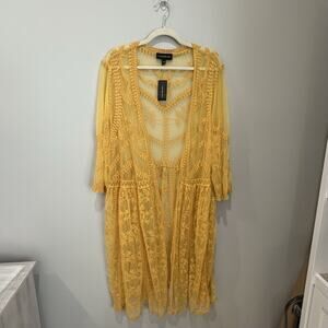NWT Lane Bryant Sz 18/20 Statement Mustard Yellow Lace Long Boho Jacket Floral